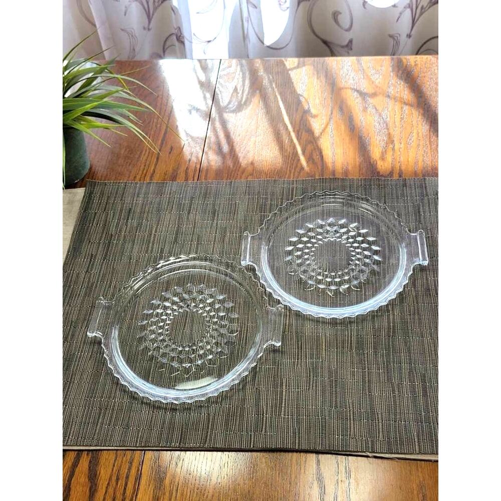2 Vintage Jeannette Glass Cube Double Handle Tray Plate 8-1/4"